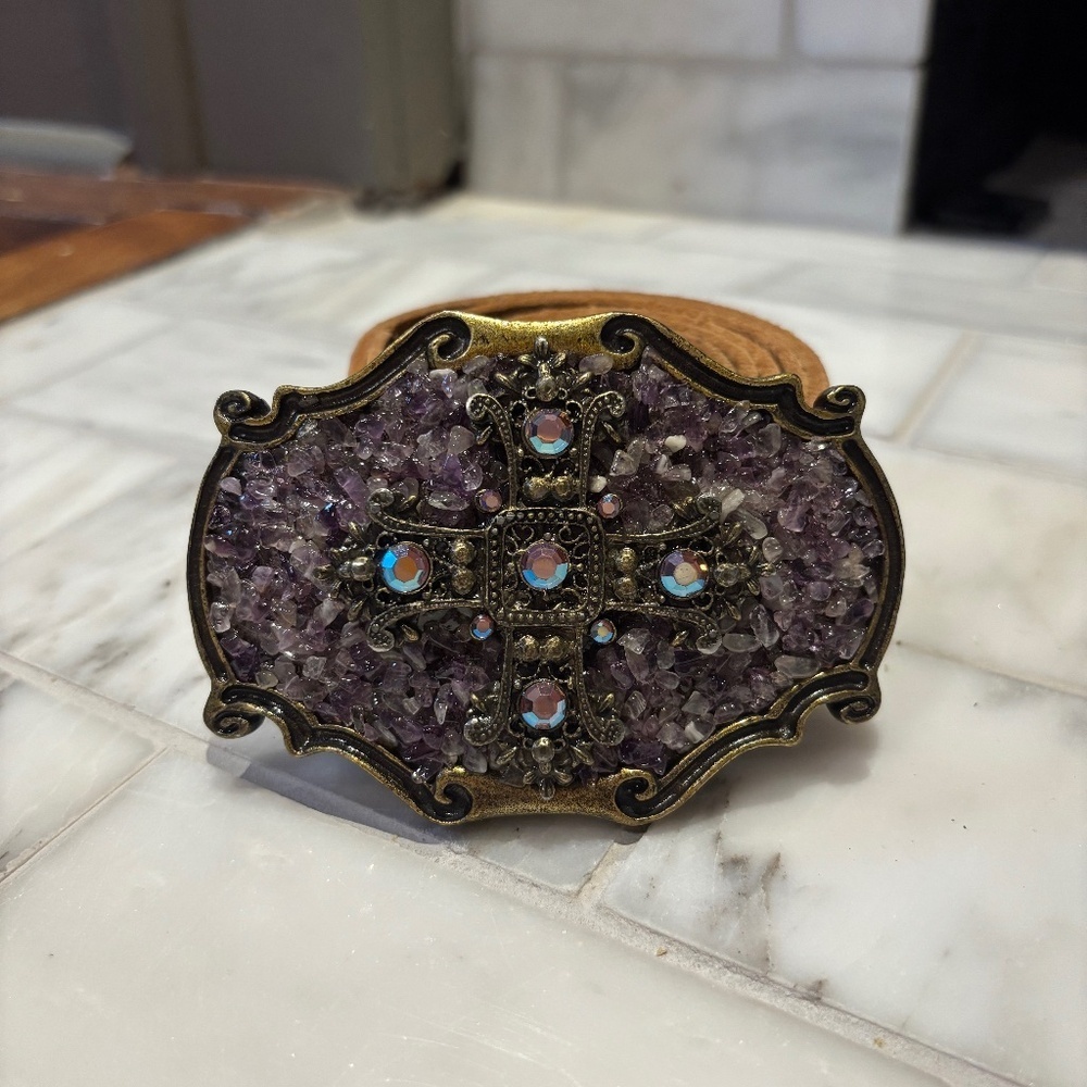 Vintage Western Genuine Leather Belt w/ Ornate Amethyst Cross Buckle
